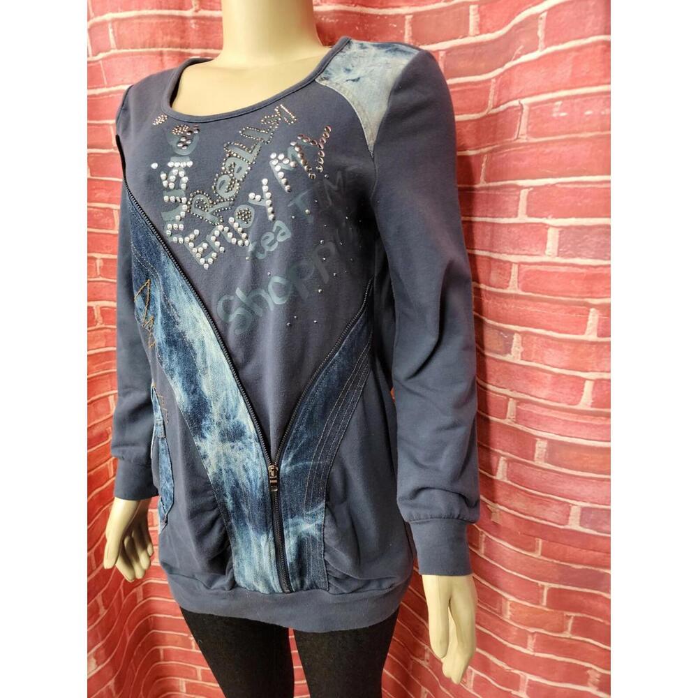 GHOLE, Made In France Size 3 RARE Womens Embellished Artwear Sweatshirt Navy #C6 - Picture 2 of 9